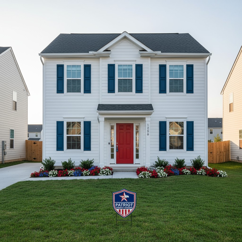 A white two-story house with a castle-blue door, red door, several panes in the door behind the red one, castle-blue shutt...
