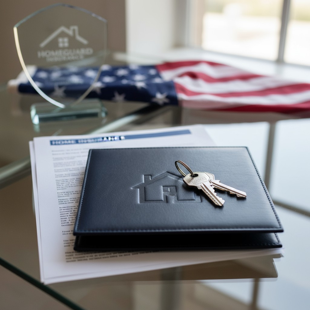 Image contains a house and keys on a contract, with a Homeguard Insurance logo in the background on a glass table.