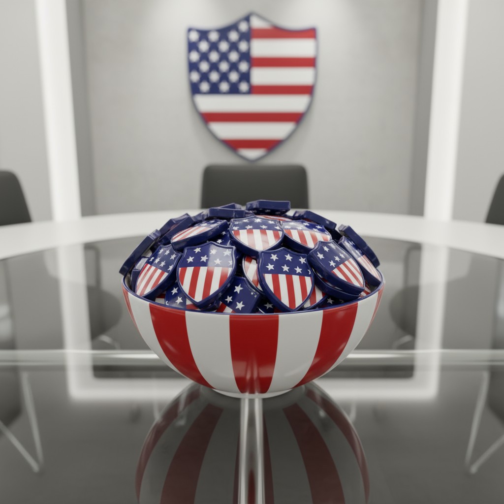 A bowl filled with US patriotic badges, sitting on a transparent table, in an office room with a large shield-shaped US fl...