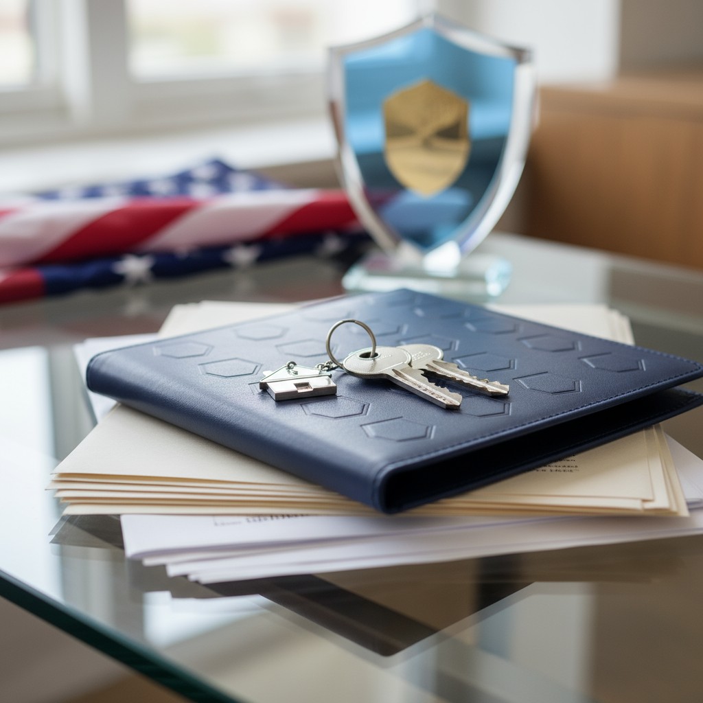 title A stack of papers and a blue leather folder with keys on top sit on a glass desk, accompanied by a blue and gold trophy in...